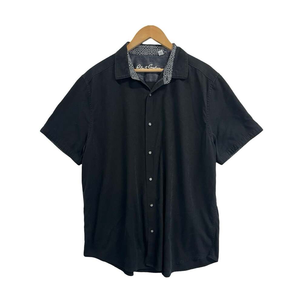 Robert Graham Shirt Mens 2XL Black Classic Fit Jacquard Short Sleeve Button Up
